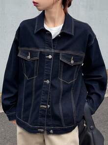 FRIFUL Jaket Denim Lengan Panjang Kancing Tunggal dengan Dua Saku, Serbaguna, untuk Wanita, Cocok untuk Musim Gugur. - Biru - View 6