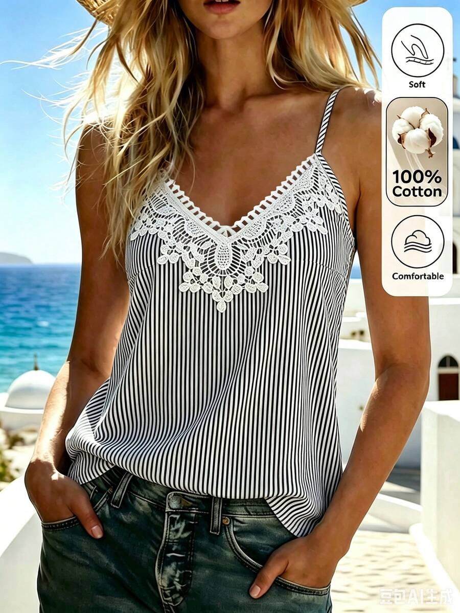 Louniche Women's Summer Lace Striped Vacation Tank Top - Black and White - View 1