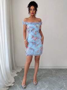 Selianne Women's Light Pink Spring/Summer Off-The-Shoulder Elegant Romantic Mesh Printed Ruched Waist Short Dress, Suitable For Wedding Season, Party, Date, Shopping And Other Occasions - Blue - View 5