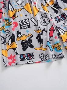 LOONEY TUNES X SHEIN Plus Size Men's Crew Neck Letter Cartoon Print Short Sleeve Top And Shorts Casual Daily Home Sleepwear Set - White - View 7