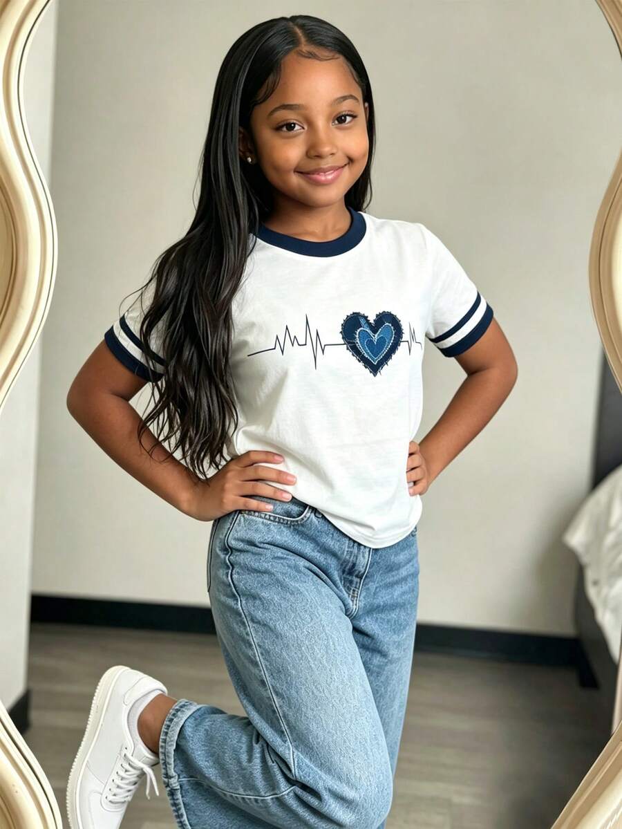 Elladie kids 少女仿牛仔心形印花圓領短袖休閒標準版型T恤