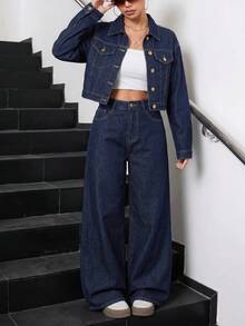 SHEIN Teen Girls Deep Blue Denim Short Shirt & Loose Long Pants 2pcs Set Pair With A White Shirt - Blue - View 1