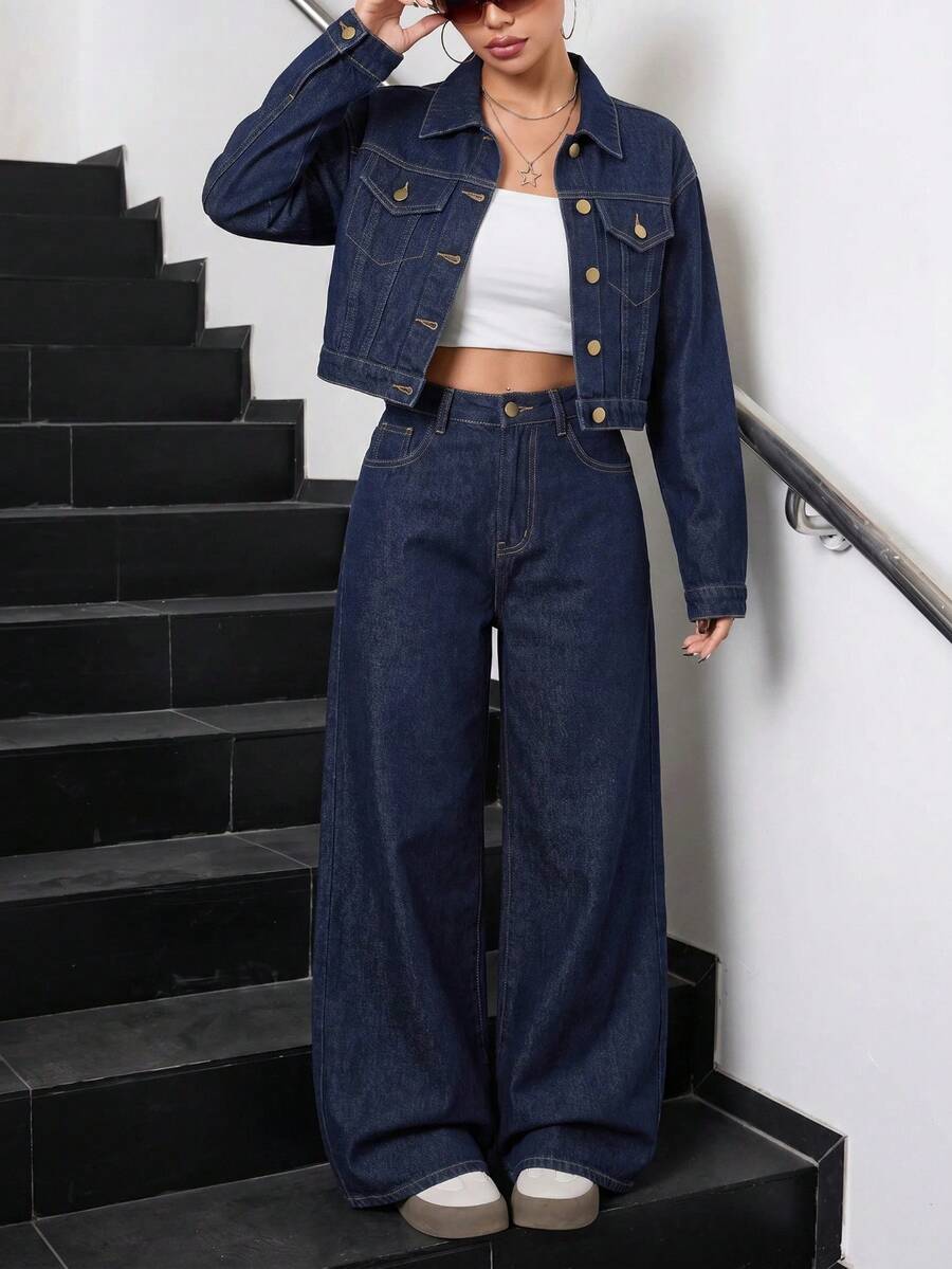 SHEIN Teen Girls Deep Blue Denim Short Shirt & Loose Long Pants 2pcs Set Pair With A White Shirt - Blue - View 1