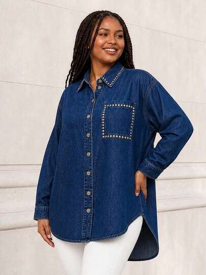 ELLERISSA Curve Elegant Oversized Denim Shirt,Stud Details Plus Size Long Sleeve Blouse For Women,Dark Blue,Autumn,Casual,Night Out Club Office Wear