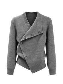 GlowEve Cardigan Wanita Asimetris Kancing Diagonal Depan Lengan Panjang dengan Hem Bergaris, Modis, Kasual, Serbaguna, Cocok untuk Kantor, Warna Abu-abu, Musim Gugur - Grey - View 3