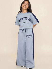 Tween Girl Loose Casual Comfortable Round Neck Patchwork Contrast Color T-Shirt And Pants Set - Multicolor - View 1