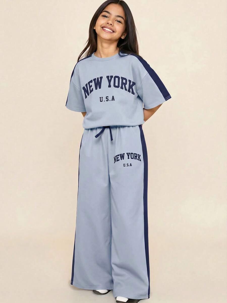 Tween Girl Loose Casual Comfortable Round Neck Patchwork Contrast Color T-Shirt And Pants Set - Multicolor - View 1