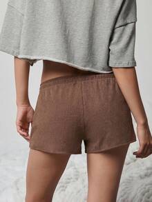 WESTFADE Pantalón corto de estar por casa de punto texturizado con lazo delantero y cintura media, lindo - Marrón - Ver 8
