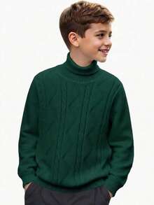 SHEIN 兒童青少年男孩休閒日常百搭舒適高領長袖套頭純色針織秋季毛衣 - 綠色 - 查看 1