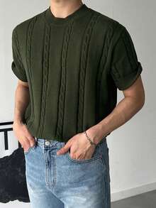 DAZY Camiseta de punto de manga corta unicolor verde militar acanalado para hombre - Verde militar - Ver 4