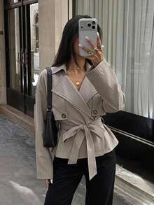 Aloruh 女款優雅休閒灰色風衣 早秋長袖老錢風 通勤商務工作服 教師秋冬辦公穿搭 - 卡其色 - 查看 5