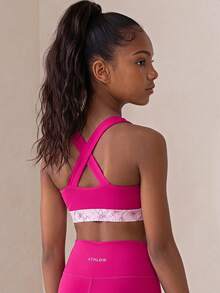 SHEIN Tween Girl Letter Floral Print Striped Colorblock Cropped Sports Tank Top - Pink - View 1