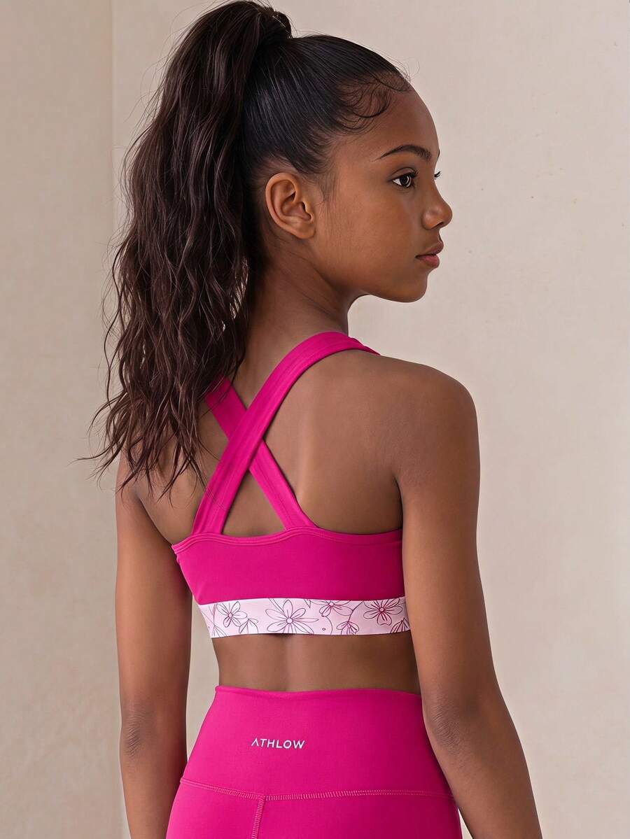 SHEIN Tween Girl Letter Floral Print Striped Colorblock Cropped Sports Tank Top - Pink - View 1