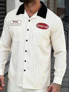 Manfinity Roghcode Men's Plus Size Beige Striped Long Sleeve Shirt - Beige - View 4