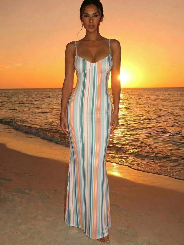 Aloruh Spring/Summer Vacation Spaghetti Strap Tie-Up Fitted Sexy Printed Women's Dress - Multicolor - View 8