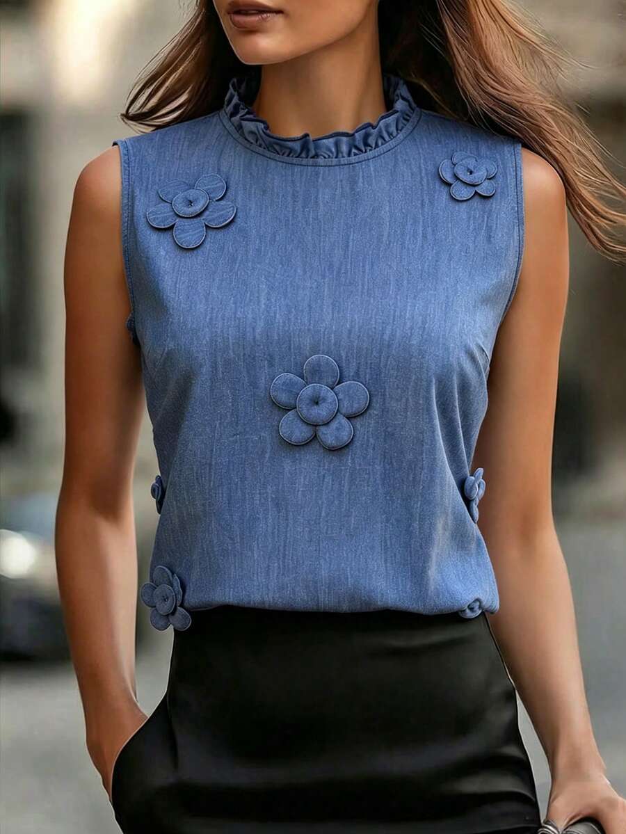 SHEIN Summer Blue Sleeveless Vest With Ruffled Stand Collar And 3D Floral Applique Elegant Cute Suitable For Casual And Professional Occasions Brunch - Blue - View 1