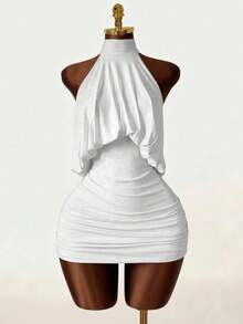 Mistrie Y2K Halter Neck Ruched Bodycon Mini Dress - Draped Backless Form Fitting Party DressBaddie Vibe Draped Halter Neck Ruched Mini Dress - Backless Bodyc - White - View 1