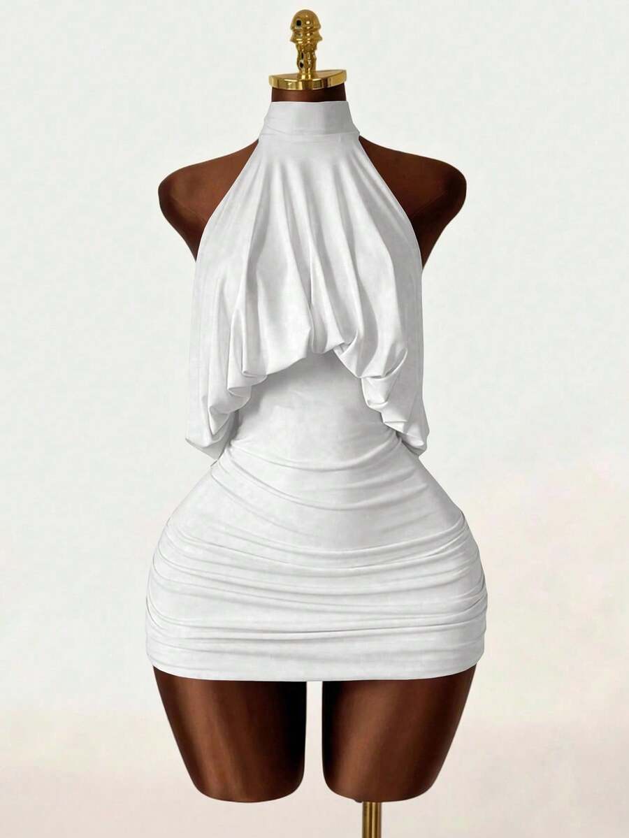 Mistrie Y2K Halter Neck Ruched Bodycon Mini Dress - Draped Backless Form Fitting Party DressBaddie Vibe Draped Halter Neck Ruched Mini Dress - Backless Bodyc - White - View 1