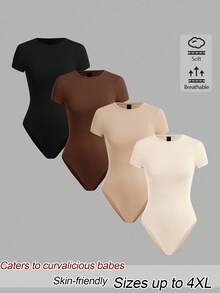 SHEIN BASICS Plus Size Women Solid Color Casual Elegant Baggy Daily Wear Bodysuit 3pcs Set Home Wear Formal Evening Black Brown Beige White Summer - Multicolor - View 1