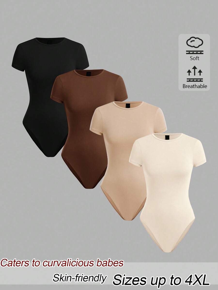 SHEIN BASICS Plus Size Women Solid Color Casual Elegant Baggy Daily Wear Bodysuit 3pcs Set Home Wear Formal Evening Black Brown Beige White Summer - Multicolor - View 1