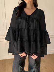 Solavon Women's Solid Color Bell Sleeve Ruffle Blouse - Black - View 3