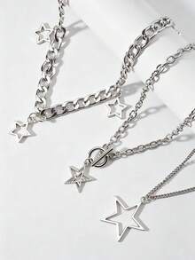 ROMWE Goth 3pcs Fashion Zinc Alloy Star Charm Necklace For Women For Daily Decoration - Silver - View 2