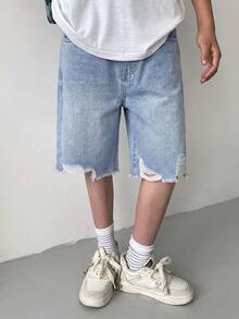 SHEIN 男童牛仔短褲，夏季，柔軟，棉質，休閒街頭風，彈性腰帶，經典五口袋設計，淺藍色水洗百慕達短褲，適合學校 - 淺色水洗藍 - 查看 8