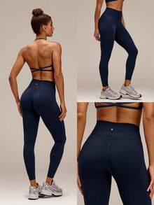 GLOWMODE Seamless Tummy Control Butt Scrunch Plaid Ventilated Leggings Medium Impact Workout Jogging Gym Training - Dusty Blue - View 7