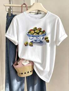 INAWLY Camiseta casual de cuello redondo con estampado de frutas vintage para mujer - Blanco - Ver 3