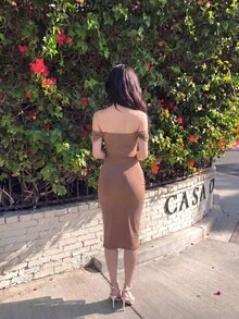 Skyraze Off Shoulder Ruched Mesh Bodycon Dress - Dusty Pink - View 2