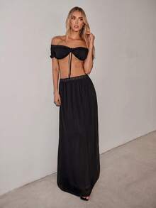 SHEIN ICON 女款性感街頭風蕾絲拼接綁帶短版背心與長裙兩件套 - 黑色 - 查看 5