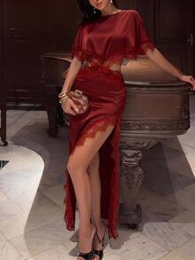 SHEIN SXY 深棕色夏季絲綢蕾絲拼接不對稱鏤空性感優雅洋裝，適合夜生活、派對、晚餐、雞尾酒會與夜店 - 紅色 - 查看 8