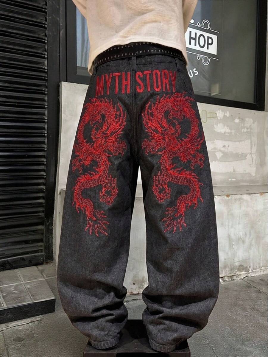 Manfinity EMRG 男士街頭風休閒刺繡黑色牛仔褲