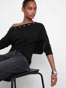 Maija Women's New Asymmetrical Asymmetric Neckline Eyelet Design Waist Drawstring Sweatshirt, Black Casual - Black - View 7