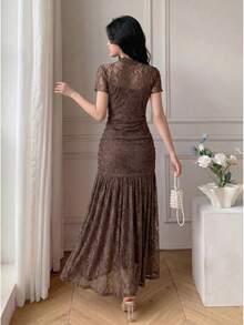 Celisse Vestido de mujer de alta gama con estampado floral romántico, elegante y de moda, de corte A, con cintura ceñida, estilo vintage francés dulce, para vacaciones y viajes - Marrón - Ver 2