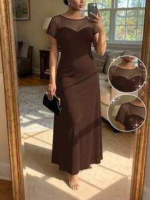 SHEIN Lady CURVE 大尺碼女款網格拼接休閒派對與旅行洋裝 - 棕色 - 查看 1