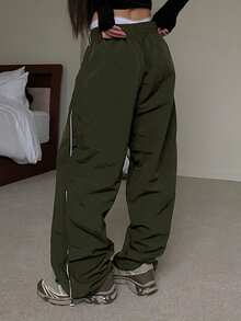 DAZY Women's Wide Leg Loose Casual Low Waist Long Pants Y2K Fall - Army Green - View 2