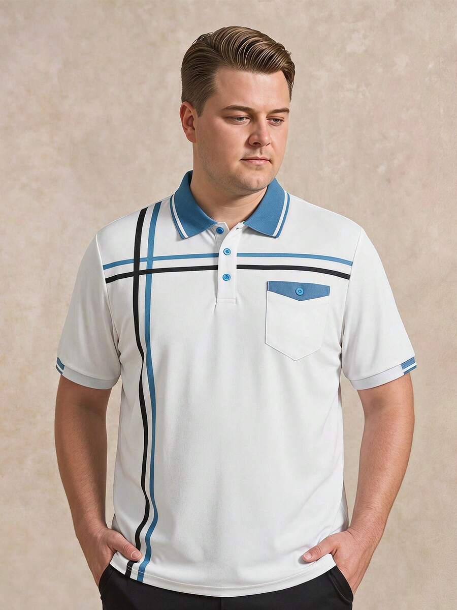 Courvante Men Plus Size Summer Golf Polo Shirt,Blue And White Stripe Color Block Short Sleeve Top,Business Fashion Smart Casual Comfortable Office Wear - White - View 1