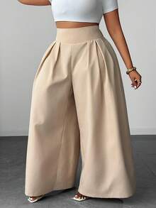 Maweii Plus Size Khaki Casual High Waist Wide Leg Pants Fall - Khaki - View 6