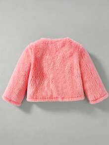 SHEIN Elladie kids 女嬰幼兒秋冬新款百搭優雅毛絨蝴蝶結開襟外套，適合外出，米色/杏色，完美適配日常穿著與派對場合 - 西瓜粉 - 查看 2