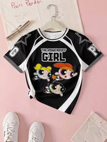 THE POWERPUFF GIRLS X SHEIN 青少年女孩字母卡通印花休閒百搭日常短袖T恤 - 白色 - 查看 7
