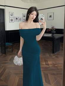 Modelyn 女款網紗露肩抓皺腰身優雅婚禮約會洋裝 - 薄荷藍 - 查看 7
