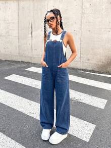 SHEIN 青少年女孩深藍色雙口袋設計寬鬆牛仔吊帶褲 - 藍色 - 查看 4