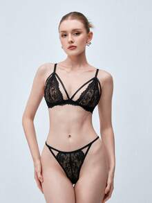 Softvol Wireless Lace Patchwork Women's Lingerie Set - Black - View 3