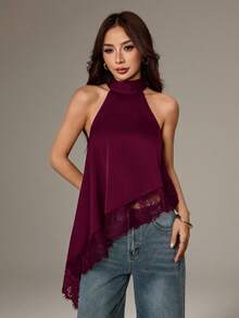 SHEIN PETITE 不對稱高領掛脖上衣，蕾絲飾邊，適合晚宴派對雞尾酒會 - 中紫紅色 - 查看 4