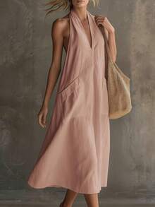 Balvessa Women's Solid Color Double Pocket Fashion Halter Neck Dress - Pink - View 4