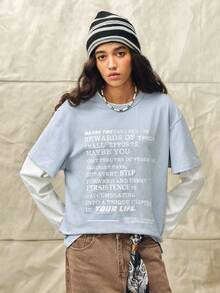 Norleigh Men's Knitted Fashion Casual Young Loose Long Sleeve T-Shirt With English Print Patchwork - Blue - View 7