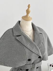 Elamini Capa de lana gris de diseño elegante y dulce con doble botonadura para mujer - Gris - Ver 4