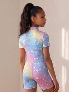 SHEIN 少女可愛星星印花短袖前開襟拉鍊運動連身褲，返校季秋冬新品 - 彩色 - 查看 7