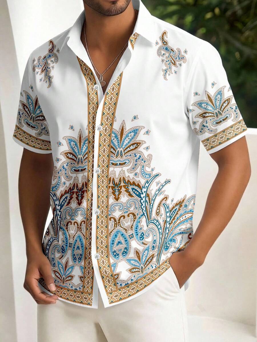 Genlund Men's Plus Size Vacation Casual Paisley Print Shirt - Multicolor - View 1